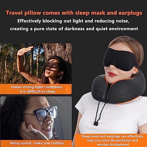 MLVOC Travel Pillow 100% Pure Memory Foam Neck Pillow, Comfortable & Breathable Cover, Machine Washable, Airplane Travel Kit with 3D Contoured Eye Masks, Earplugs, and Luxury Bag, Standard (Black) - Image 8