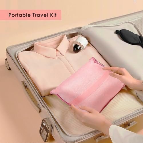 Travel Blanket and Pillow Set - Travel Neck Pillow & Blanket for Airplane, Thick Fleece Traval Blanket Campact with Bag, Memory Foam Neck Pillow, Sleep Mask, Earplugs for Plane Travel, Pink - Image 6