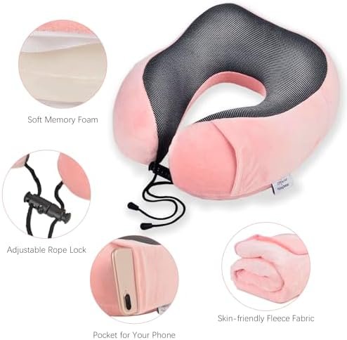 Travel Blanket and Pillow Set - Travel Neck Pillow & Blanket for Airplane, Thick Fleece Traval Blanket Campact with Bag, Memory Foam Neck Pillow, Sleep Mask, Earplugs for Plane Travel, Pink - Image 4
