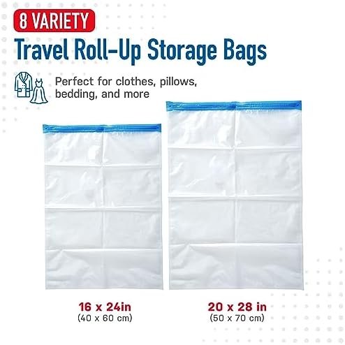Spacesaver Premium Travel Roll-Up Storage Bags with Double-Zip Seal and Triple-Seal Turbo Valve, Get 80% More Storage - Space Saver Bags for Travel - Compression Bags for Travel (Travel 8 Pack) - Image 3