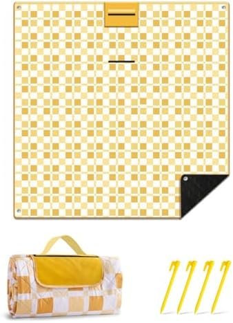 Picnic Blankets 79"x79", Waterproof Foldable Picnic Mat, Extra Large Outdoor Blanket for Camping on Grass, Portable Sandproof Beach Blanket for Travel Hiking, 3 Layer Thick Picnic Rug(Yellow Plaid)
