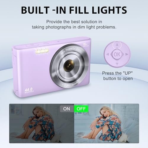 Digital Camera Cheap, 4K 44MP Kids Camera with 32GB SD Card, 2.4 Inch Point and Shoot Camera with 16X Digital Zoom, Compact Camera for Kids Teens Boys Girls Adults Students Seniors(Purple3) - Image 5