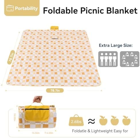 Picnic Blankets 79"x79", Waterproof Foldable Picnic Mat, Extra Large Outdoor Blanket for Camping on Grass, Portable Sandproof Beach Blanket for Travel Hiking, 3 Layer Thick Picnic Rug(Yellow Plaid) - Image 3