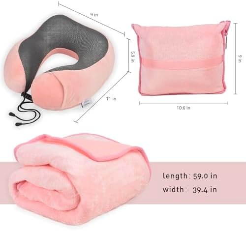 Travel Blanket and Pillow Set - Travel Neck Pillow & Blanket for Airplane, Thick Fleece Traval Blanket Campact with Bag, Memory Foam Neck Pillow, Sleep Mask, Earplugs for Plane Travel, Pink - Image 2