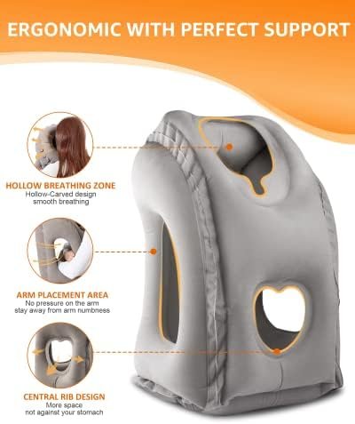 Sunany Travel Pillow, Inflatable Neck Pillow Used for Airplanes/Cars/Buses/Trains/Office Napping with Eye Mask/Earplugs (Gray) - Image 3