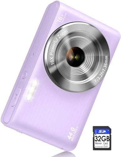 Digital Camera Cheap, 4K 44MP Kids Camera with 32GB SD Card, 2.4 Inch Point and Shoot Camera with 16X Digital Zoom, Compact Camera for Kids Teens Boys Girls Adults Students Seniors(Purple3)