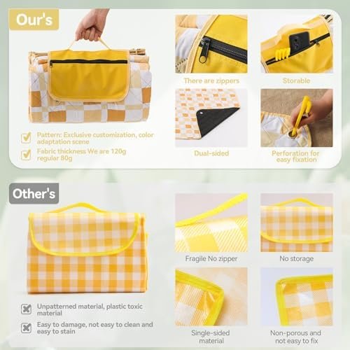Picnic Blankets 79"x79", Waterproof Foldable Picnic Mat, Extra Large Outdoor Blanket for Camping on Grass, Portable Sandproof Beach Blanket for Travel Hiking, 3 Layer Thick Picnic Rug(Yellow Plaid) - Image 5