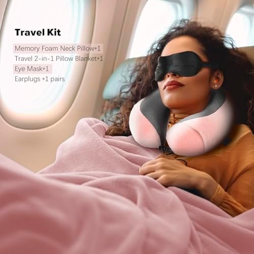 Travel Blanket and Pillow Set - Travel Neck Pillow & Blanket for Airplane, Thick Fleece Traval Blanket Campact with Bag, Memory Foam Neck Pillow, Sleep Mask, Earplugs for Plane Travel, Pink - Image 3