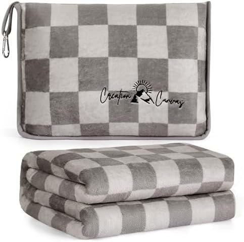 Travel Blanket (Checkered Taupe) - Extra Long 72” Airplane Blanket for Long Flight Journeys - Soft, Cozy Travel Pillow and Blanket Set Hooks on Suitcase, Backpack - Lightweight Travel Gifts