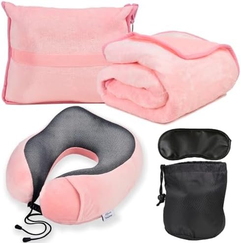 Travel Blanket and Pillow Set - Travel Neck Pillow & Blanket for Airplane, Thick Fleece Traval Blanket Campact with Bag, Memory Foam Neck Pillow, Sleep Mask, Earplugs for Plane Travel, Pink