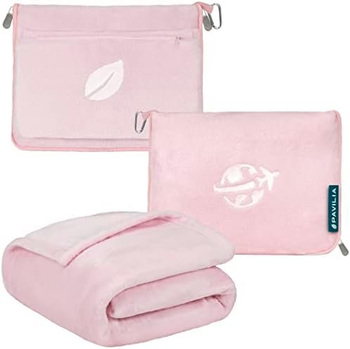 PAVILIA Travel Blanket and Pillow, Arms Opening Airplane Blankets for Adults, Compact Plane Blanket with Arm Hole 2-in-1 Bag for Flight Car Camping Fit in Luggage Backpack Traveler Gift, Pink