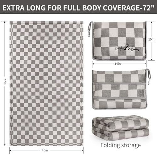 Travel Blanket (Checkered Taupe) - Extra Long 72” Airplane Blanket for Long Flight Journeys - Soft, Cozy Travel Pillow and Blanket Set Hooks on Suitcase, Backpack - Lightweight Travel Gifts - Image 3