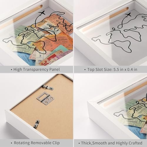 Travel Adventure Archive Shadow Box For Memories,8&12Inch Concert Travel Ticket Stub Memory Top Loading Shadow Keepsake Box With Slot On Top,life In a Shadow Box Travel Gift Frame (White, 8x8) - Image 5