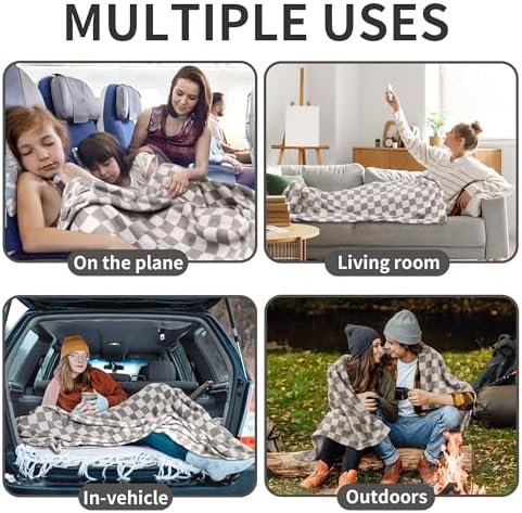 Travel Blanket (Checkered Taupe) - Extra Long 72” Airplane Blanket for Long Flight Journeys - Soft, Cozy Travel Pillow and Blanket Set Hooks on Suitcase, Backpack - Lightweight Travel Gifts - Image 4