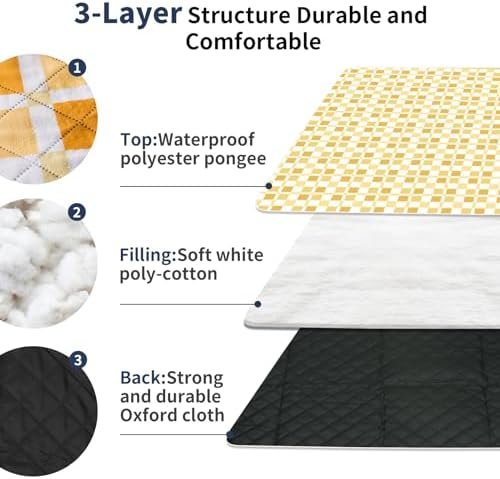 Picnic Blankets 79"x79", Waterproof Foldable Picnic Mat, Extra Large Outdoor Blanket for Camping on Grass, Portable Sandproof Beach Blanket for Travel Hiking, 3 Layer Thick Picnic Rug(Yellow Plaid) - Image 2