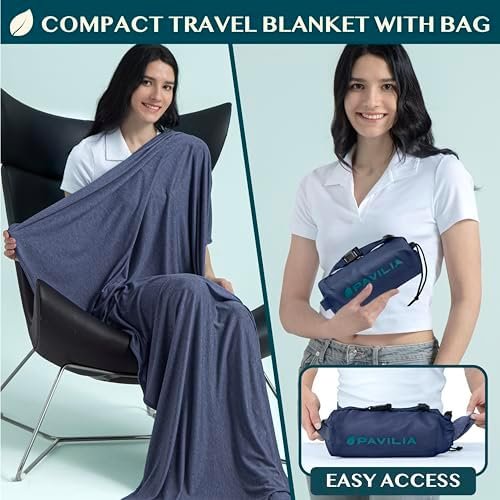 PAVILIA Travel Blanket Airplane Compact with Bag, Soft Packable Plane Blanket Kids Adults, Portable Camping Flight Essentials, Travelers Gifts Accessories, Luggage Backpack Strap, 65x40 Navy Blue - Image 2