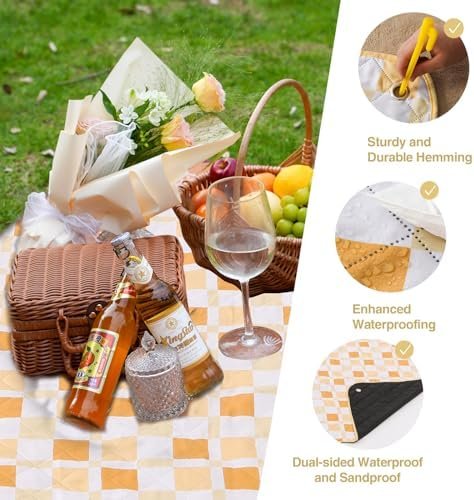 Picnic Blankets 79"x79", Waterproof Foldable Picnic Mat, Extra Large Outdoor Blanket for Camping on Grass, Portable Sandproof Beach Blanket for Travel Hiking, 3 Layer Thick Picnic Rug(Yellow Plaid) - Image 4