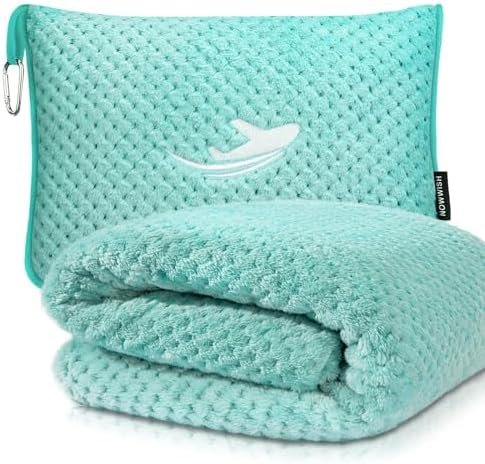NOWWISH Travel Blanket Airplane Compact with Bag - Premium Soft 2 in 1 Airplane Blanket Pillow,Travel Essentials on Airplane, Camping, Car