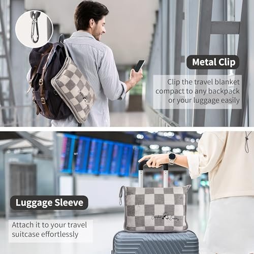 Travel Blanket (Checkered Taupe) - Extra Long 72” Airplane Blanket for Long Flight Journeys - Soft, Cozy Travel Pillow and Blanket Set Hooks on Suitcase, Backpack - Lightweight Travel Gifts - Image 2