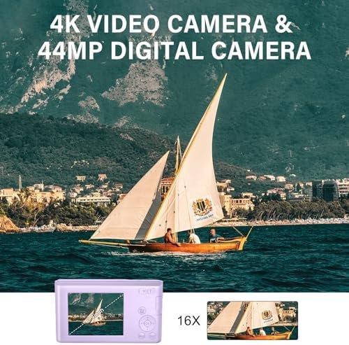 Digital Camera Cheap, 4K 44MP Kids Camera with 32GB SD Card, 2.4 Inch Point and Shoot Camera with 16X Digital Zoom, Compact Camera for Kids Teens Boys Girls Adults Students Seniors(Purple3) - Image 2