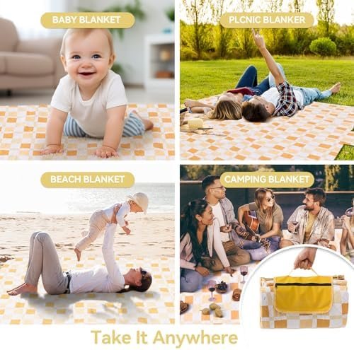 Picnic Blankets 79"x79", Waterproof Foldable Picnic Mat, Extra Large Outdoor Blanket for Camping on Grass, Portable Sandproof Beach Blanket for Travel Hiking, 3 Layer Thick Picnic Rug(Yellow Plaid) - Image 7