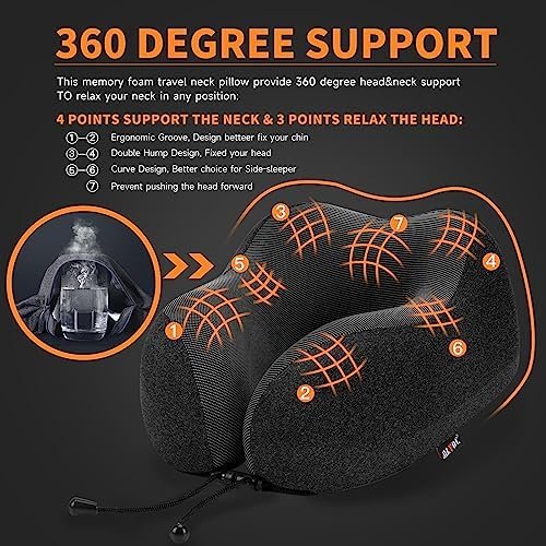 MLVOC Travel Pillow 100% Pure Memory Foam Neck Pillow, Comfortable & Breathable Cover, Machine Washable, Airplane Travel Kit with 3D Contoured Eye Masks, Earplugs, and Luxury Bag, Standard (Black) - Image 9