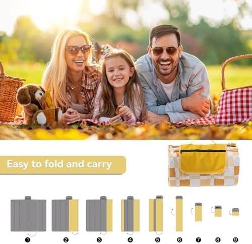 Picnic Blankets 79"x79", Waterproof Foldable Picnic Mat, Extra Large Outdoor Blanket for Camping on Grass, Portable Sandproof Beach Blanket for Travel Hiking, 3 Layer Thick Picnic Rug(Yellow Plaid) - Image 6